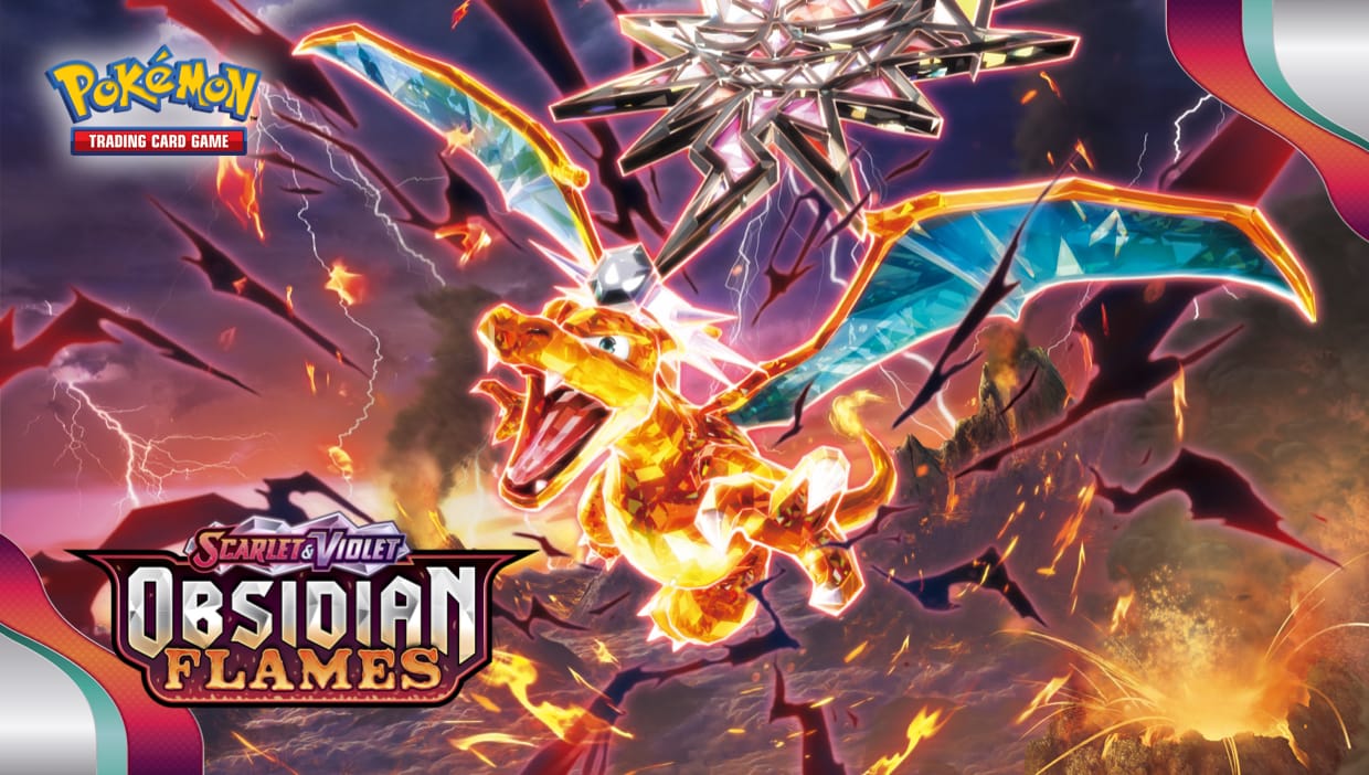 Pokémon TCG ad poster of the Scarlet and Violet Obsidian Flames depicting Charizard ex